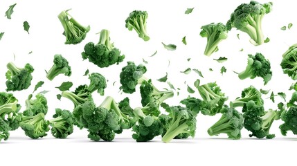 Wall Mural - Broccoli falling from the air on white background. 