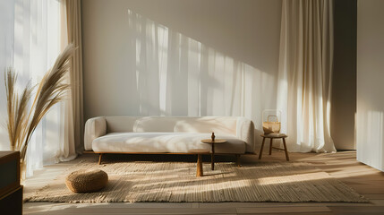 A living room with a white couch and two chairs