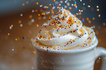 Leinwandbilder - Close-up of colorful sprinkles landing on a cup of whipped cream-topped coffee,