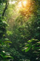 Fototapete - A whimsical scene of colorful sprinkle rain over a lush, green forest,