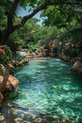 Aufkleber - A serene tropical lagoon with crystal-clear water, surrounded by lush greenery and vibrant flowers,