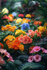 Aufkleber - A tropical garden with exotic plants and flowers in vivid colors, with butterflies flitting about,
