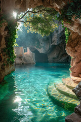 Aufkleber - A hidden grotto with a sparkling turquoise pool and vines hanging from above, illuminated by soft sunlight,