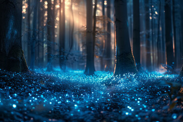 Fototapete - A magical forest with glowing bioluminescent plants and trees, creating a mystical paradise,