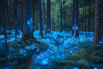 Poster - A magical forest with glowing bioluminescent plants and trees, creating a mystical paradise,