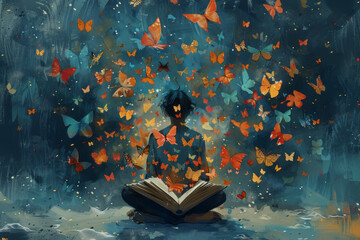 Poster - An illustration of a person with an open book on their lap, and butterflies flying out of their stomach, representing the joy of reading,