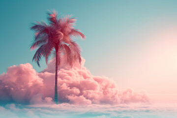 Fototapete - A stylized palm tree with abstract leaves, sitting on a cloud against a gradient background,