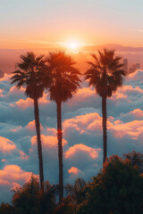 Wall Mural - Palm trees on clouds, with a minimalist skyline of a distant city below,