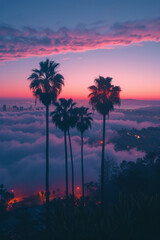 Poster - Palm trees on clouds, with a minimalist skyline of a distant city below,