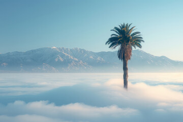 Fototapete - A palm tree on a cloud, with minimalist mountains in the background,