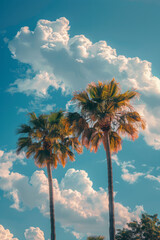 Fototapete - Palm trees on clouds, with a minimalist breeze represented by soft, flowing lines,