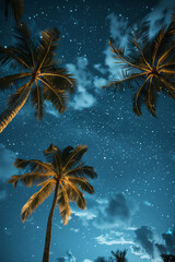 Fototapete - Palm trees on clouds, with minimalist stars twinkling in the night sky,