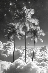Fototapete - Palm trees on clouds, with minimalist stars twinkling in the night sky,