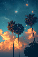 Fototapete - Palm trees on clouds, with minimalist stars twinkling in the night sky,