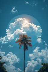 Wall Mural - A minimalist composition of a palm tree on a cloud, framed by a simple circle,