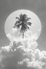 Fototapete - A minimalist composition of a palm tree on a cloud, framed by a simple circle,