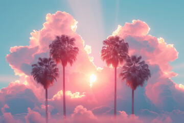 Fototapete - A minimalist sunset scene with palm trees on clouds, using soft pastel colors,