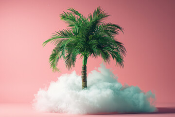 Fototapete - A stylized palm tree with geometric leaves, sitting on a cloud against a solid color background,