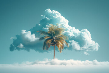 Fototapete - A minimalist depiction of a palm tree with coconuts, perched on a fluffy cloud in a serene setting,