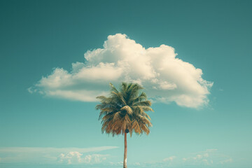 Fototapete - A minimalist depiction of a palm tree with coconuts, perched on a fluffy cloud in a serene setting,