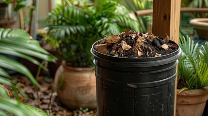 A compost bin p next to a potted plant reminding us of the circular nature of composting as it provides nourishment for future plants.