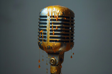 Aufkleber - A retro microphone with metallic gold paint dripping from the top against a matte grey background,