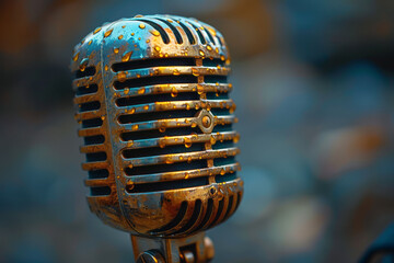 Poster - A retro microphone with metallic gold paint dripping from the top against a matte grey background,
