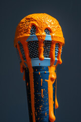 Poster - A wireless microphone with orange paint dripping over its body on a dark blue background,