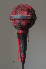 Poster - A lavalier microphone with maroon paint running down against a light grey background,