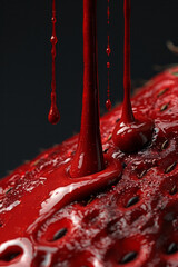 Aufkleber - Macro shot of red paint cascading down the ridges of a steel strawberry on a black background,