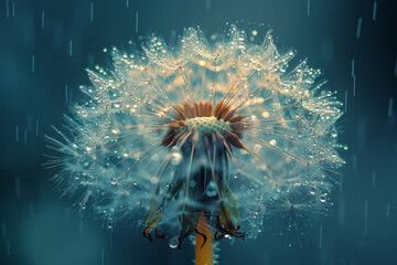 Wall Mural - Macro image of a dandelion seed head, with dewdrops clinging to its delicate, wispy structure,