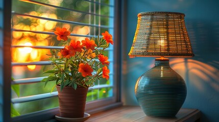 Wall Mural -   A lamp sits on a table beside a vase filled with flowers and another vase of blooms in front of the window