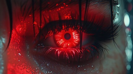 Wall Mural -   A red dot in a close-up of a person's eye, centered on the iris