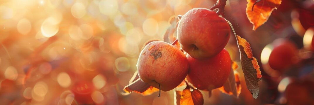 Sun-kissed red apples hanging from a tree branch, highlighted by a warm, glowing bokeh background