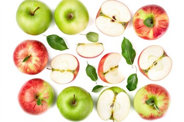 Wall Mural - Apple Slices. Top View of Ripe Green and Red Apple Slices on White Background