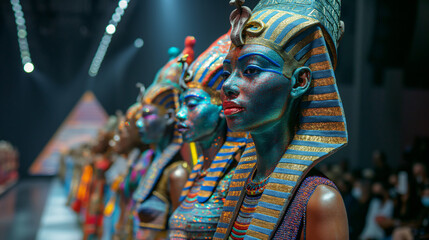 fashion woman dressed in pharaoh attire and standing on runway