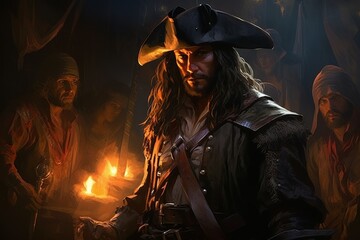 Wall Mural - A legendary and feared pirate captain, commanding a crew of cutthroats and plundering the high seas. - Generative AI