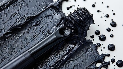   A close-up of a black brush on a black and white surface with droplets of water