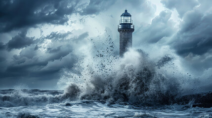 Poster - A lighthouse is in the middle of a huge wave