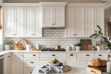 Wall Mural - Bright kitchen with white cabinetry and subway tile backsplash.