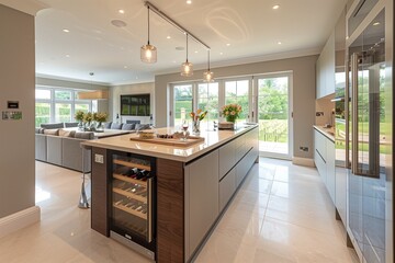 Wall Mural - Contemporary kitchen featuring a large central island with a built-in wine cooler.