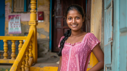 Wall Mural - A woman in a pink dress stands in front of a yellow door