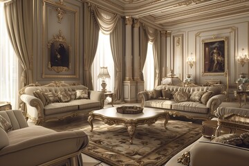 Wall Mural - Elegant living room with classic furniture and sophisticated decor.