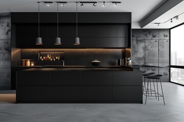 Wall Mural - Urban kitchen with sleek black cabinetry and concrete floors.