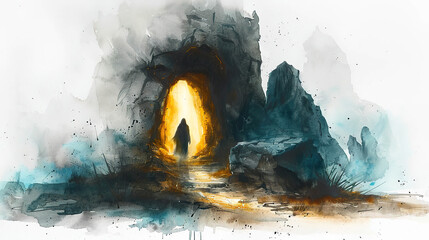 Wall Mural - Jesus walks away from an empty tomb. Generated by AI.