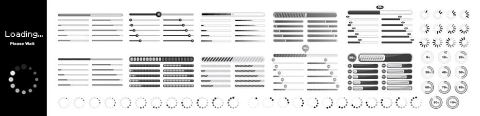 Loading icon set. Set loading bar progress icons isolated on transparent background. Download progress icons