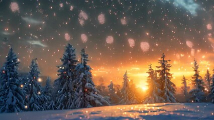 Canvas Print - Snow-covered landscape with trees under a starry sky, snowflakes falling, A picturesque winter landscape with a starry sky and shimmering snowflakes falling gently