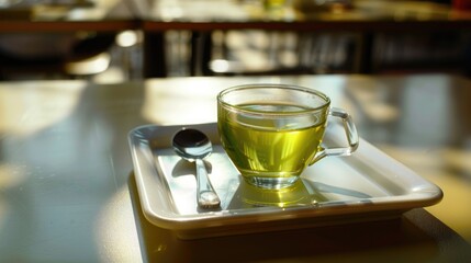 Canvas Print - A white tray holds a glass of green tea with a spoon set beside it on the table