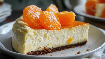 Close up photo of a slice of cheesecake topped with mandarin oranges