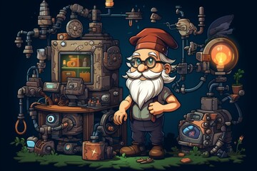 Wall Mural - A quick-witted gnome inventor, creating ingenious gadgets and contraptions to overcome challenges. - Generative AI